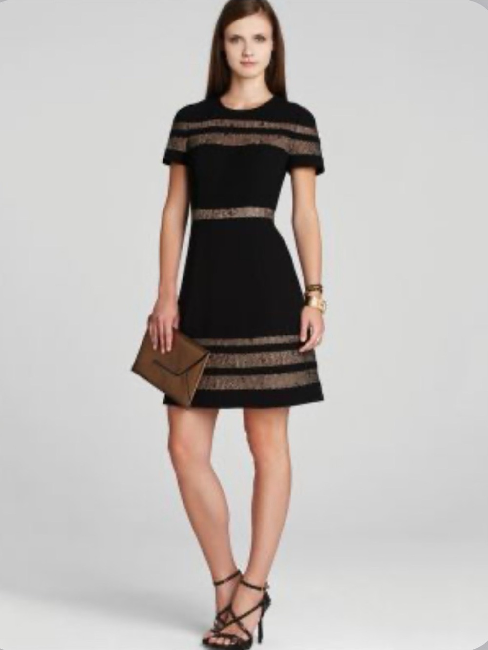 BCBGMaxAzria Black Short-Sleeve Fit-and-Flare Dress with Lace Stripes Size 0